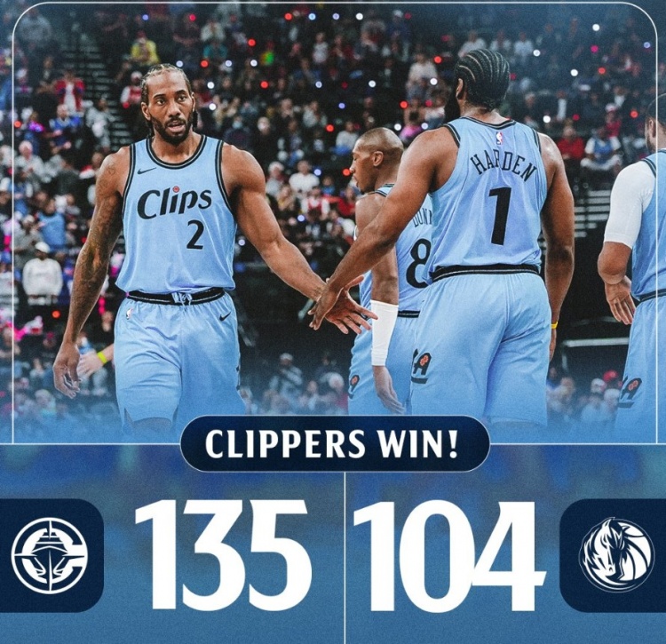 主场迎30分大胜！快船官方发布赢球海报 哈登小卡荣登封面